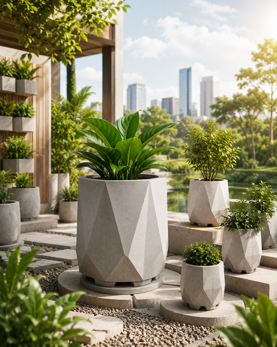 WMS concrete pots in an outdoor landscaped setting for our vision