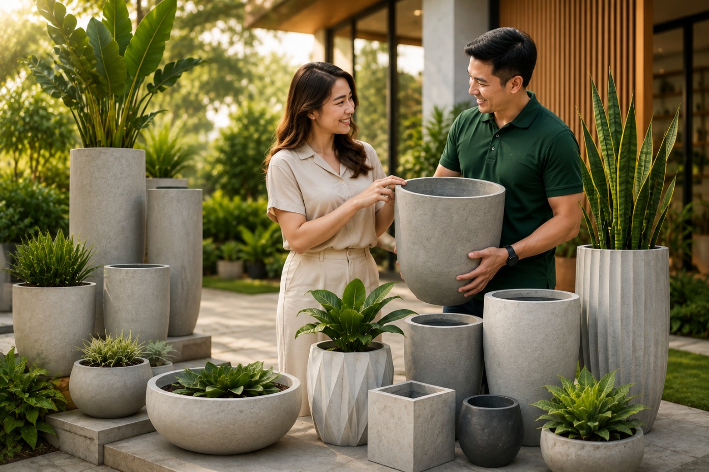 Customer choosing WMS concrete pots